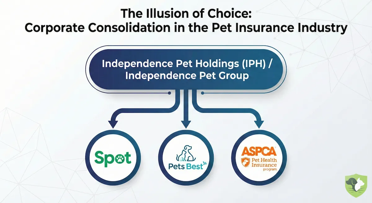 Corporate tree diagram showing Independence Pet Holdings owning Spot, Pets Best, and ASPCA brands