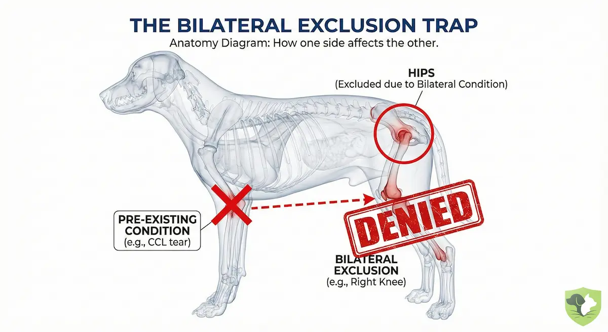 Anatomy diagram of a dog showing how a pre-existing injury on one leg leads to a denied claim on the other leg due to bilateral exclusion