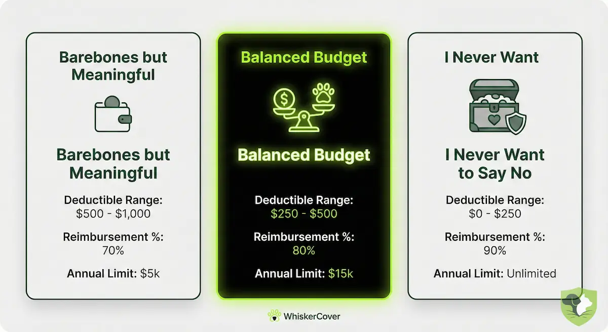 Three baseline pet insurance policy setups: barebones, balanced, and never say no, with coverage and cost comparisons