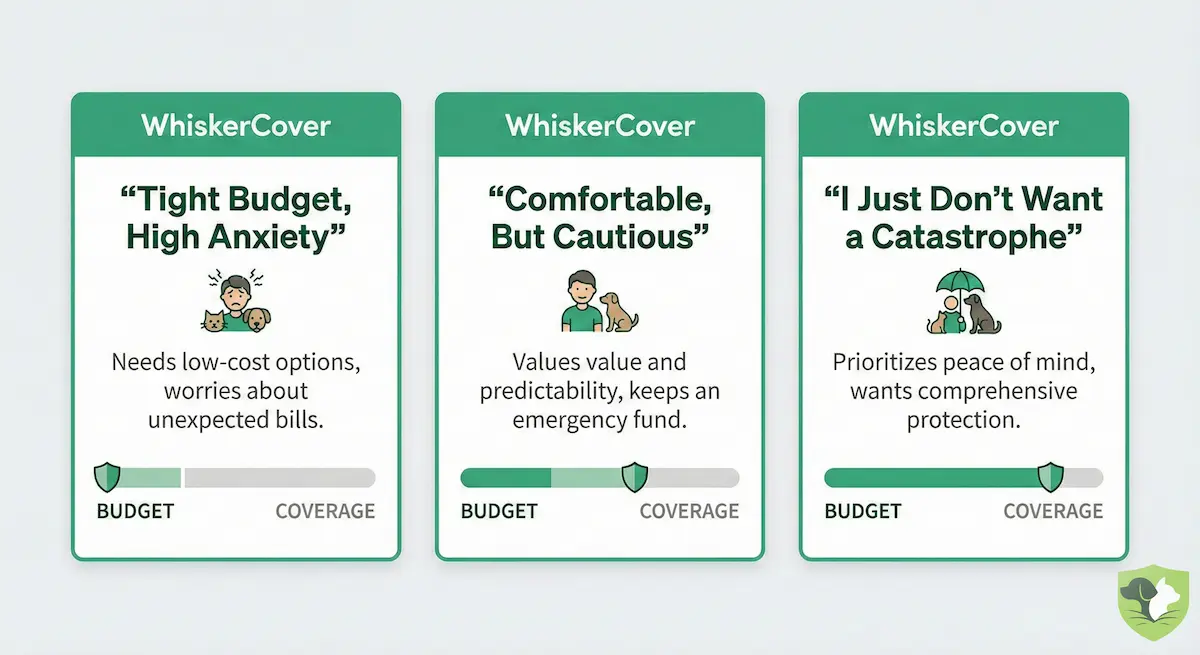 Three common budget pet insurance buyer profiles: the saver, the worrier, and the planner