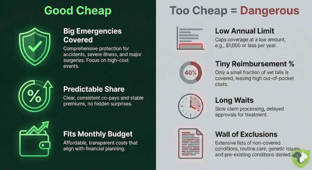Side-by-side comparison showing the differences between affordable pet insurance and dangerously cheap policies