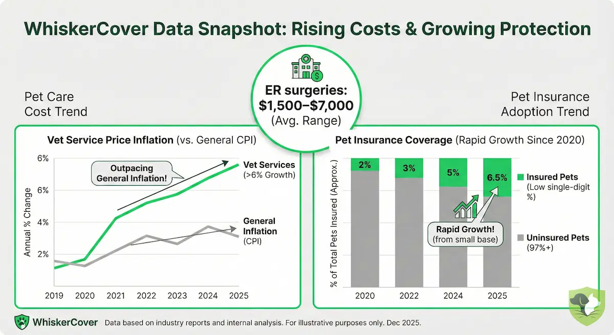 Graph showing rising veterinary costs outpacing inflation alongside low pet insurance adoption rates in 2026
