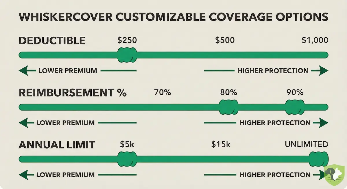 Three slider controls showing how adjusting deductible, reimbursement percentage, and annual limit affects pet insurance price and risk
