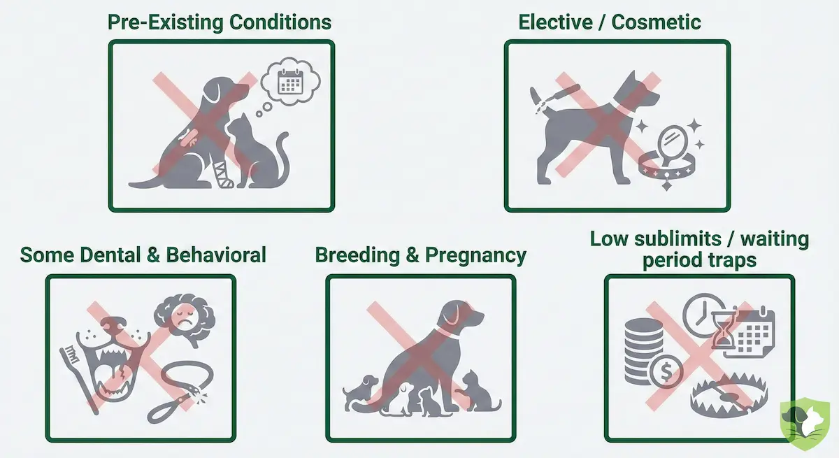 List of common exclusions hidden in cheap pet insurance policies including pre-existing conditions and breed-specific issues