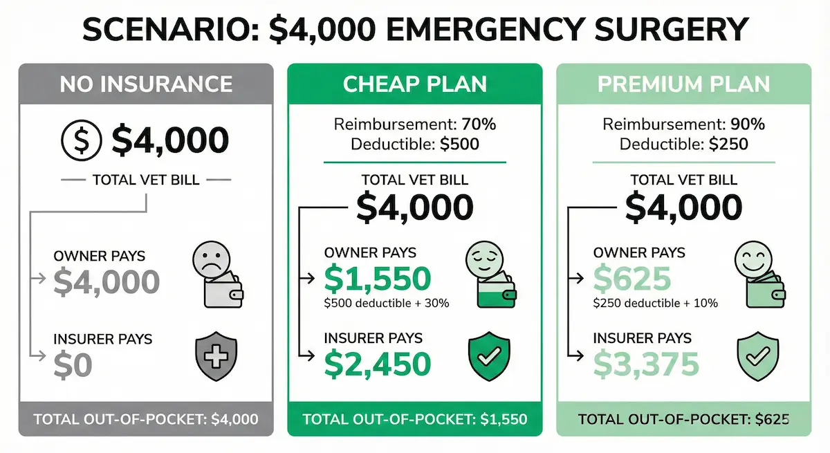 Bar chart comparing out-of-pocket costs on a $4,000 vet bill with no insurance, cheap insurance, and premium insurance
