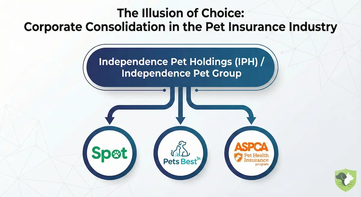 Corporate tree diagram showing Independence Pet Holdings owning Spot, Pets Best, and ASPCA brands