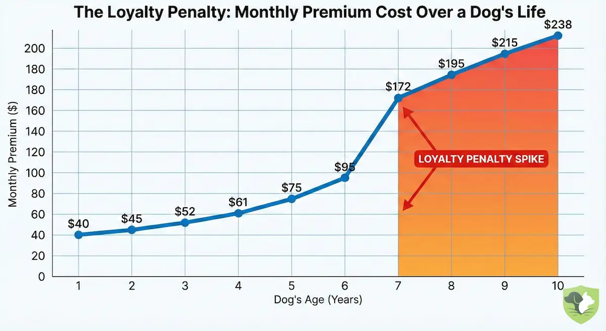 Line graph showing monthly premiums spiking dramatically around age 7, illustrating the loyalty penalty