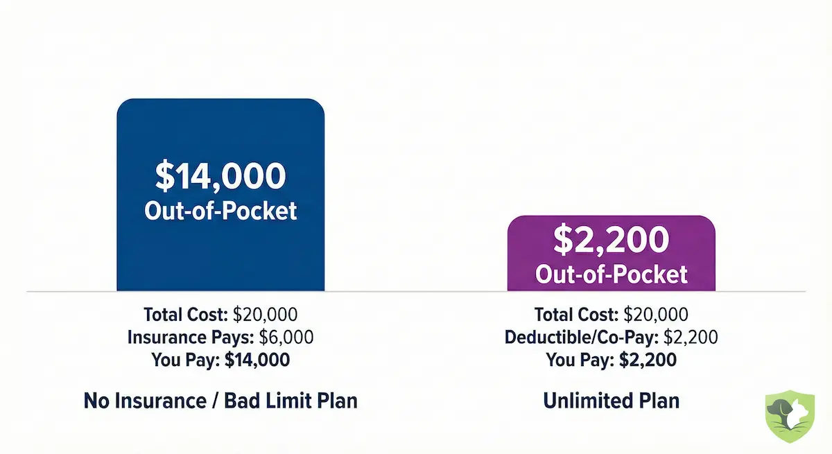 Bar chart comparing $14,000 out-of-pocket costs with bad insurance versus $2,200 out-of-pocket costs with an Unlimited Plan
