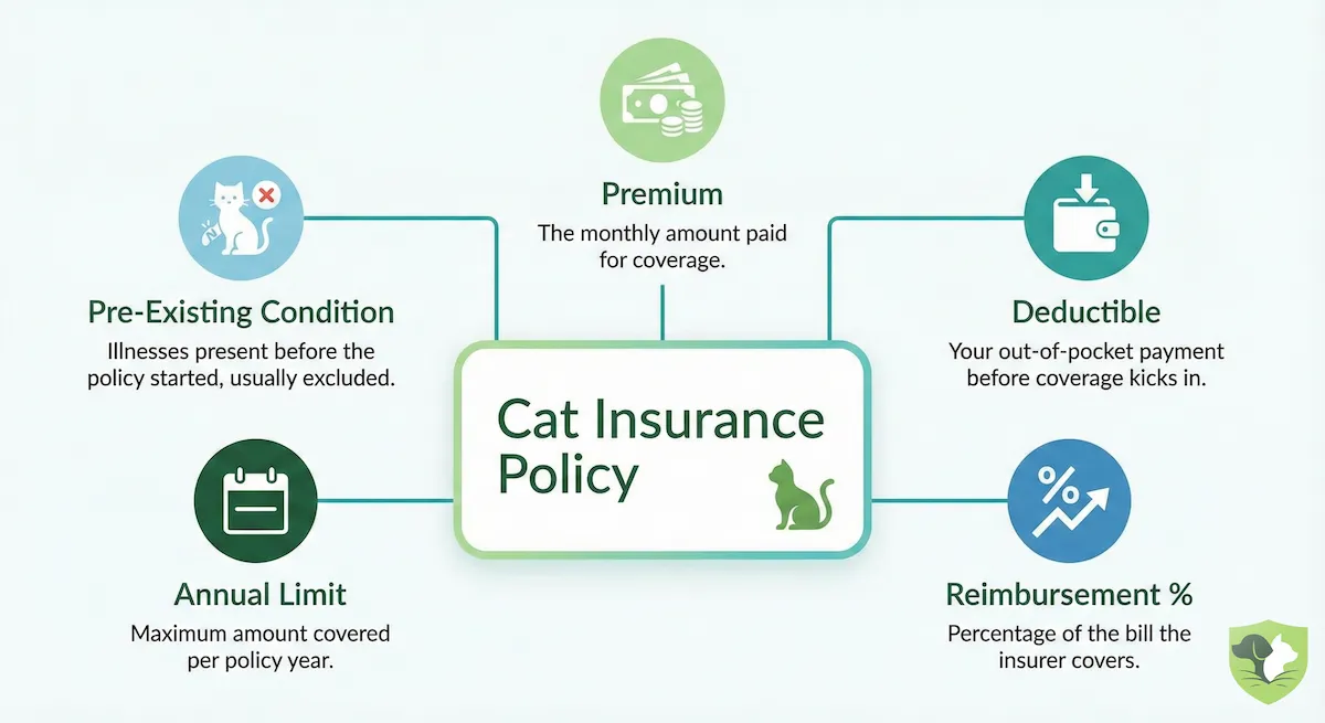 The five key cat insurance terms: premium, deductible, reimbursement rate, annual limit, and pre-existing conditions explained