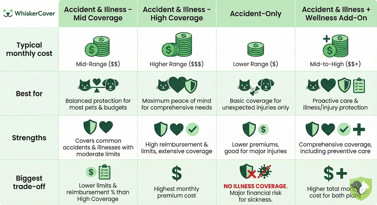 Cat insurance plan comparison: mid-tier, high-tier, accident-only, and wellness bundles compared