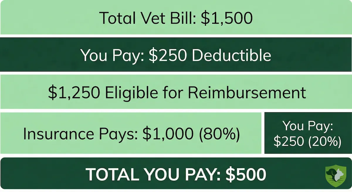 Cat insurance reimbursement calculation example: $1,500 vet bill with $250 deductible and 80% reimbursement equals $1,000 back