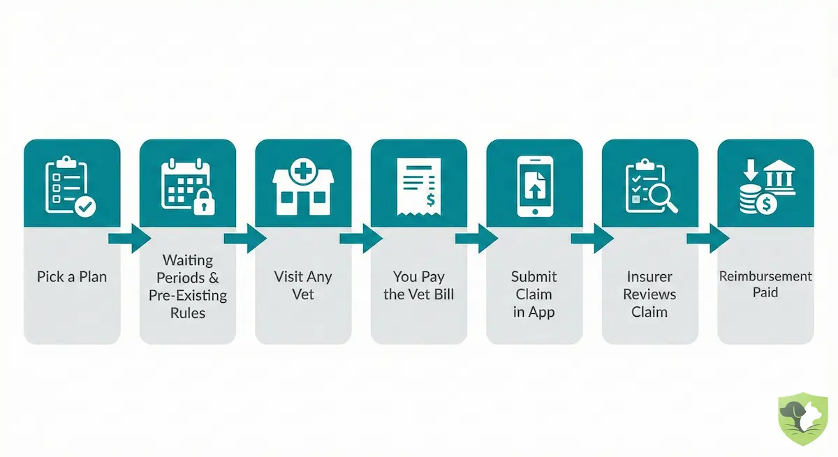 How cat insurance works from enrollment to reimbursement: enroll, visit vet, pay bill, submit claim, get reimbursed