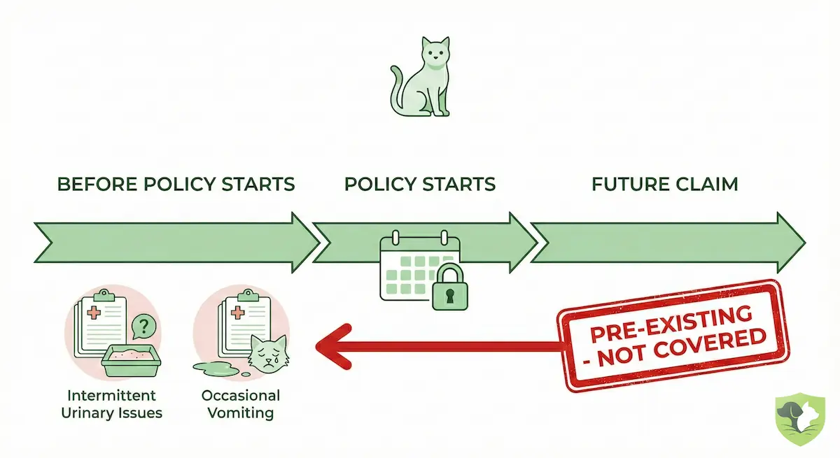 How cat insurance classifies and denies pre-existing conditions based on medical history timeline