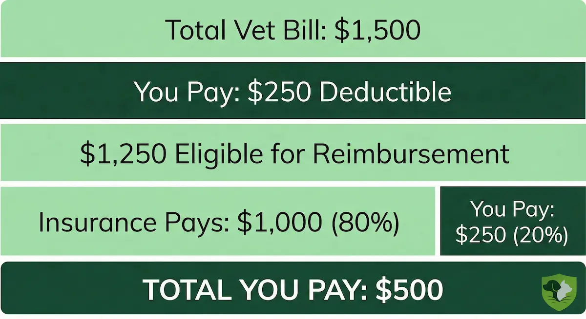 Cat insurance reimbursement calculation example: $1,500 vet bill with $250 deductible and 80% reimbursement equals $1,000 back