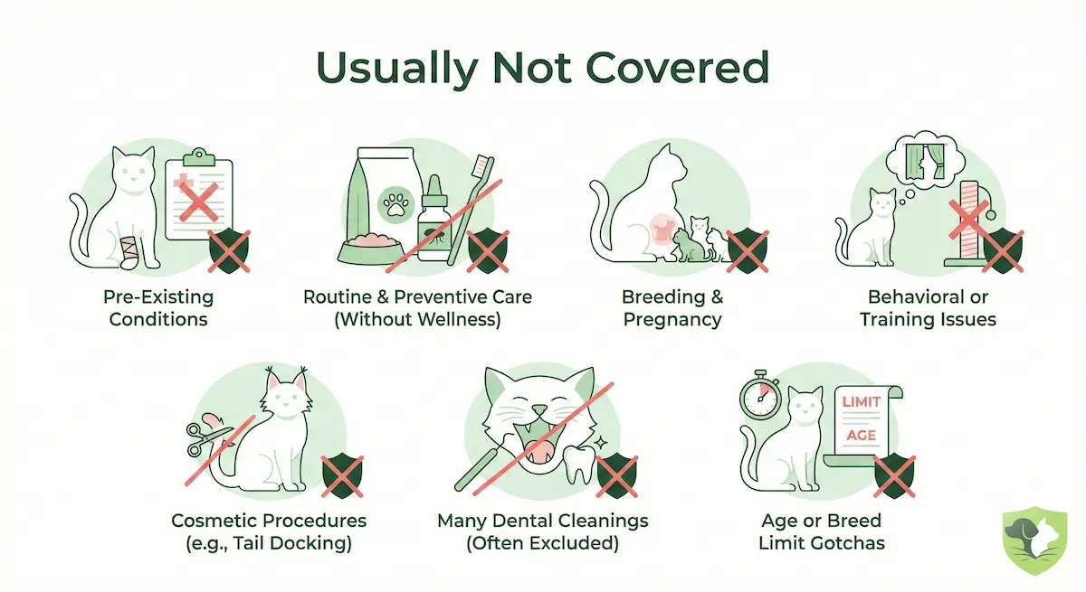 What cat insurance doesn't cover: pre-existing conditions, routine care, dental disease, and other exclusions