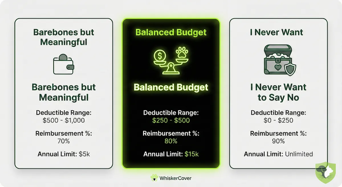 Three baseline pet insurance policy setups: barebones, balanced, and never say no, with coverage and cost comparisons