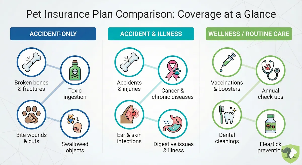 Visual comparison of accident-only, accident and illness, and wellness pet insurance coverage types
