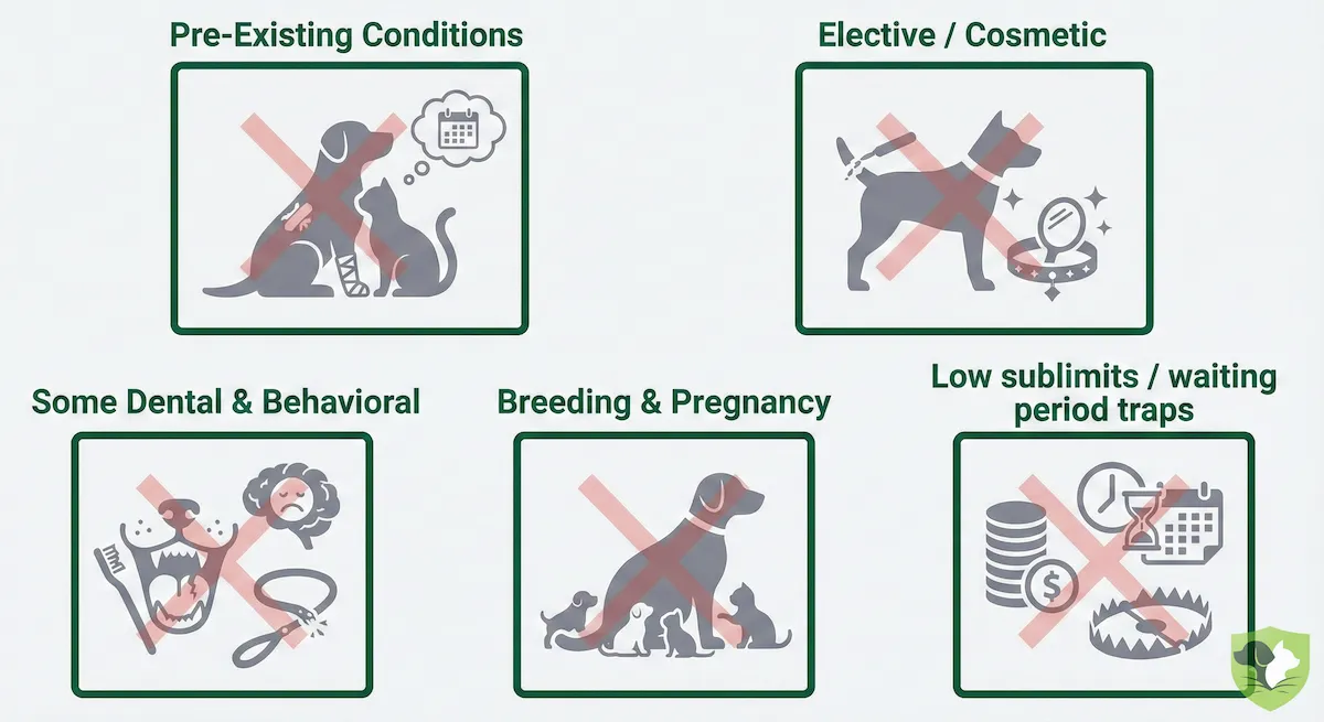 List of common exclusions hidden in cheap pet insurance policies including pre-existing conditions and breed-specific issues