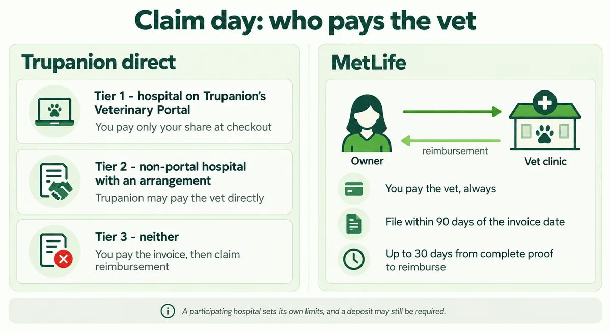 Flow graphic showing Trupanion's three direct-pay participation tiers beside MetLife's single pay-the-owner path, with the inpatient-only hospital limit and deposit caveat noted