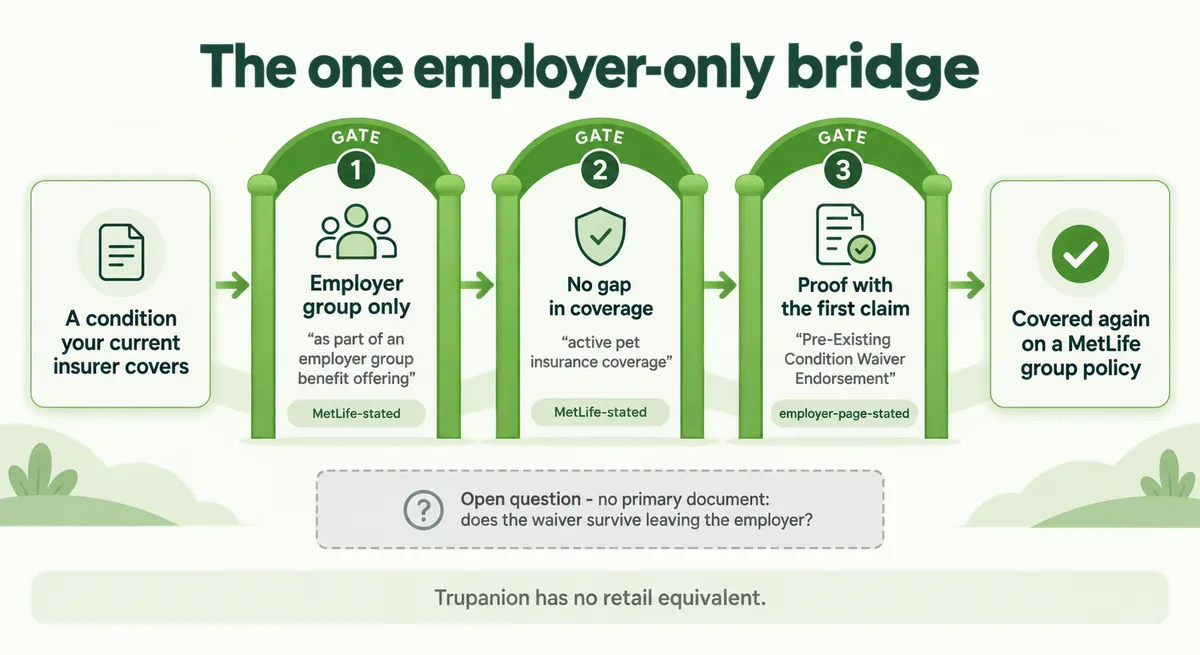 Diagram of the three gates on MetLife's employer-only pre-existing condition waiver, showing who states each gate and the one question no document answers