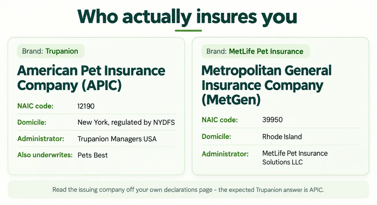 Two-card graphic naming the risk-bearing insurer behind Trupanion and MetLife pet insurance, with NAIC codes, domiciles, regulators and administrators