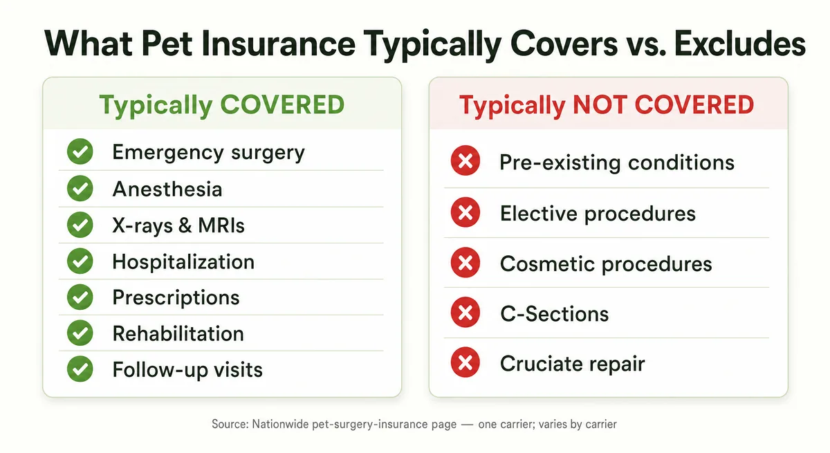 Two-column checklist of surgeries and line items pet insurance typically covers versus common exclusions, based on Nationwide's own surgery page
