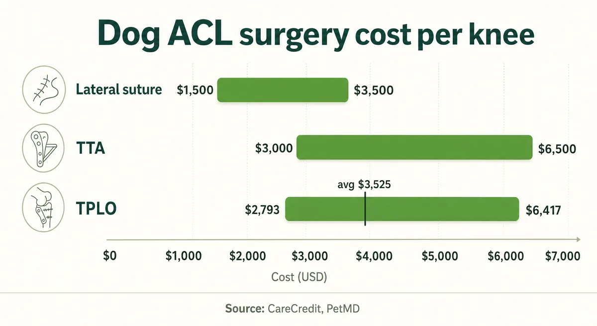 Horizontal range-bar chart comparing typical per-knee costs of lateral suture, TTA, and TPLO surgery