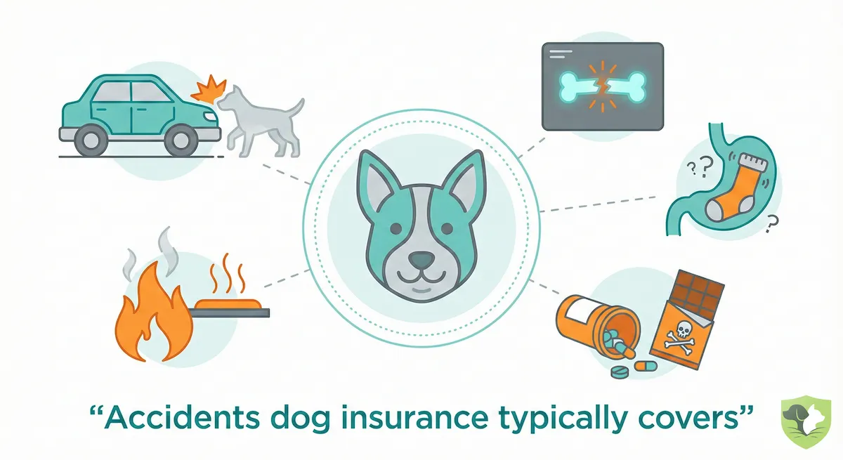 Accidents dog insurance typically covers: car accidents, broken bones, swallowed objects, and toxin ingestion