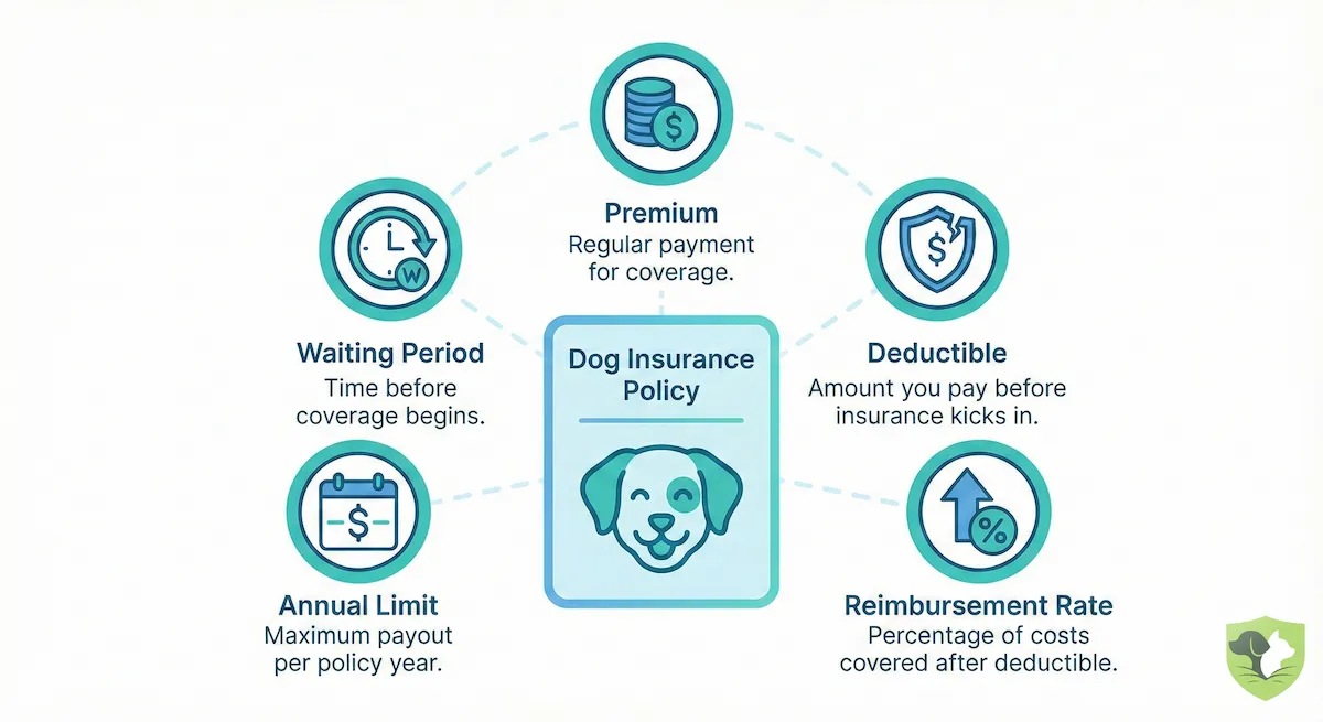 The five key dog insurance terms: premium, deductible, reimbursement rate, annual limit, and waiting period explained