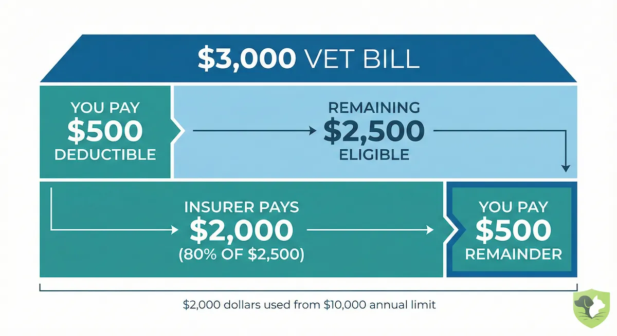 Dog insurance reimbursement calculation example: $3,000 surgery with $500 deductible and 80% reimbursement equals $2,000 back