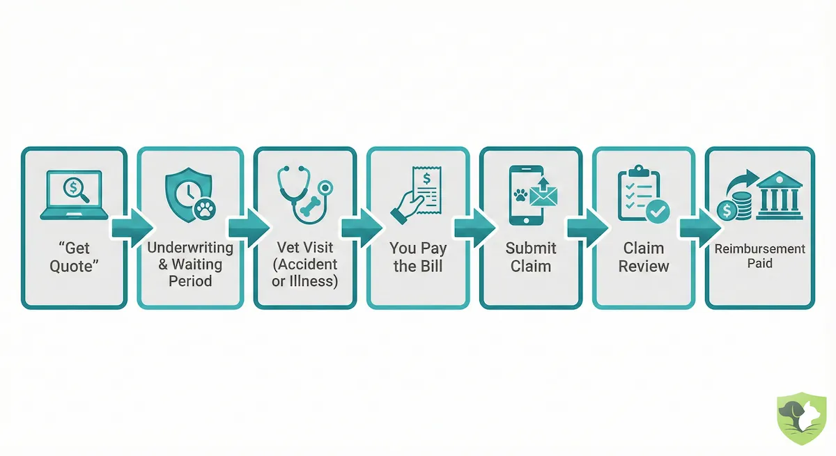 How dog insurance works from sign-up to payout: enroll, visit vet, pay bill, submit claim, get reimbursed