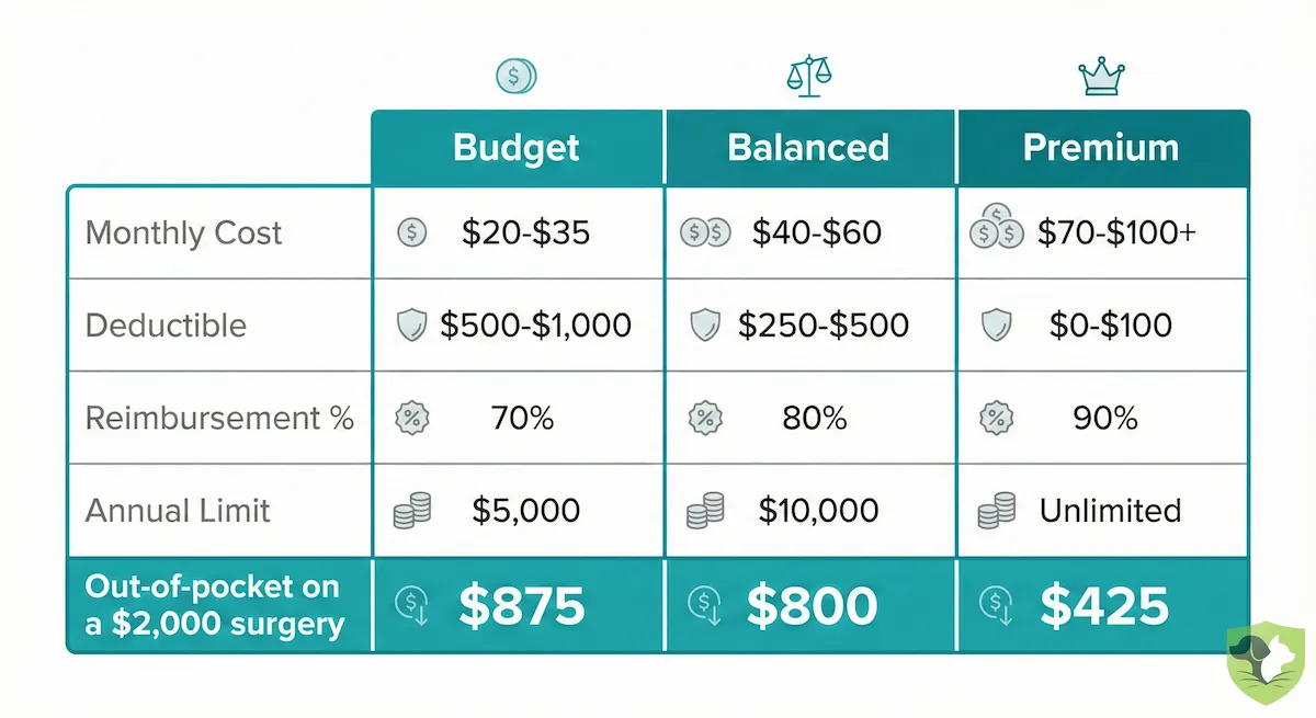 Budget vs balanced vs premium dog insurance plans compared on a $2,000 surgery