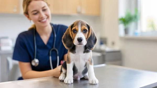 Beagle puppy at its first veterinary checkup