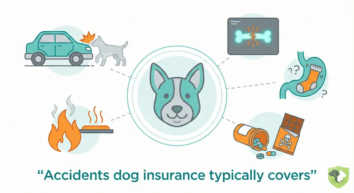 Accidents dog insurance typically covers: car accidents, broken bones, swallowed objects, and toxin ingestion