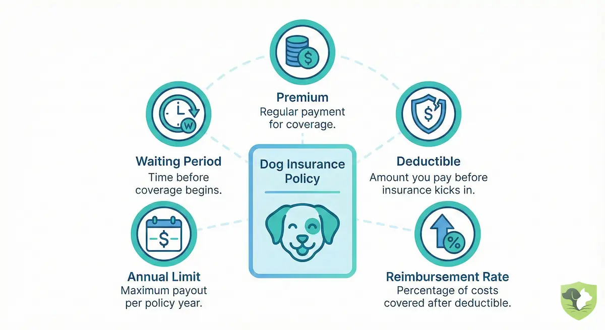The five key dog insurance terms: premium, deductible, reimbursement rate, annual limit, and waiting period explained