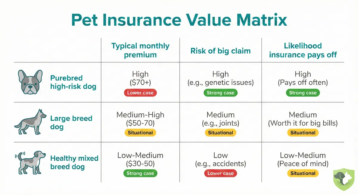 Dog insurance decision matrix showing risk levels by breed type: high-risk purebreds versus lower-risk mixed breeds with corresponding premium recommendations