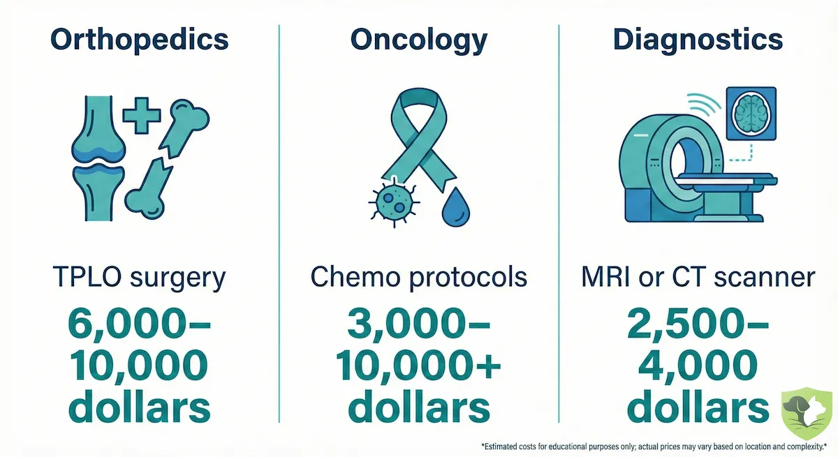 2026 Gold Standard veterinary costs breakdown: TPLO surgery $6,000-$10,000, chemotherapy $3,000-$10,000, MRI/CT diagnostics $2,500-$4,000