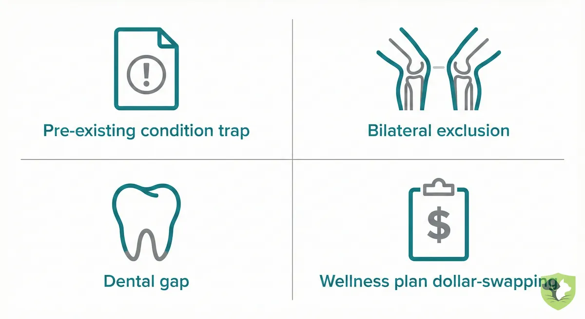 Four policy clauses that kill pet insurance value: Pre-existing conditions, bilateral exclusions, dental gaps, and wellness plan scams