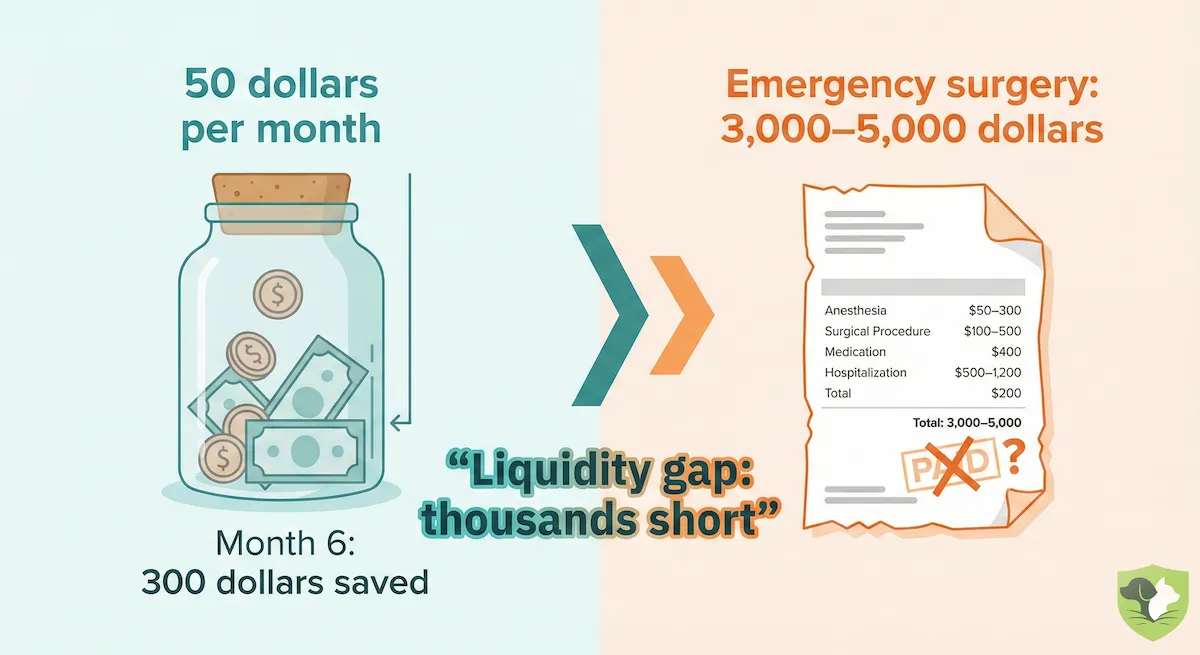 The self-insurance myth illustrated: Savings account with $600 after year one versus $5,000 emergency surgery showing the liquidity gap