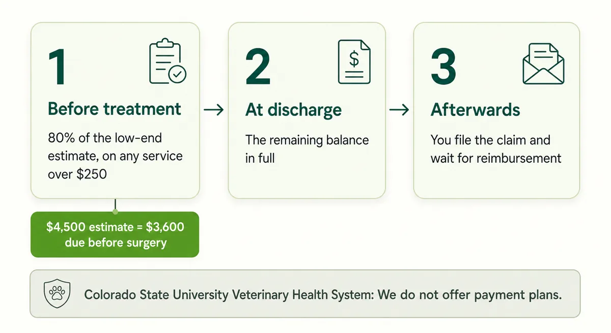 Diagram showing the order of payment at a Colorado veterinary hospital — deposit first, full balance at discharge, insurer reimbursement last