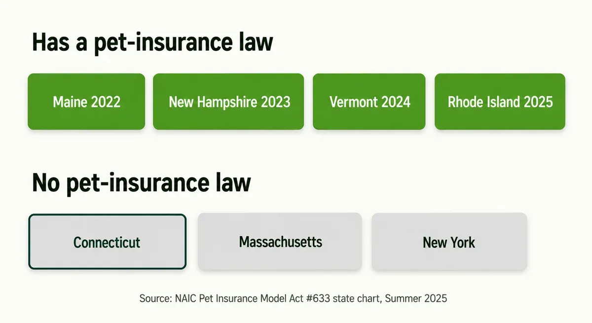 Chart showing which New England and neighbouring states have a pet-insurance statute and which do not