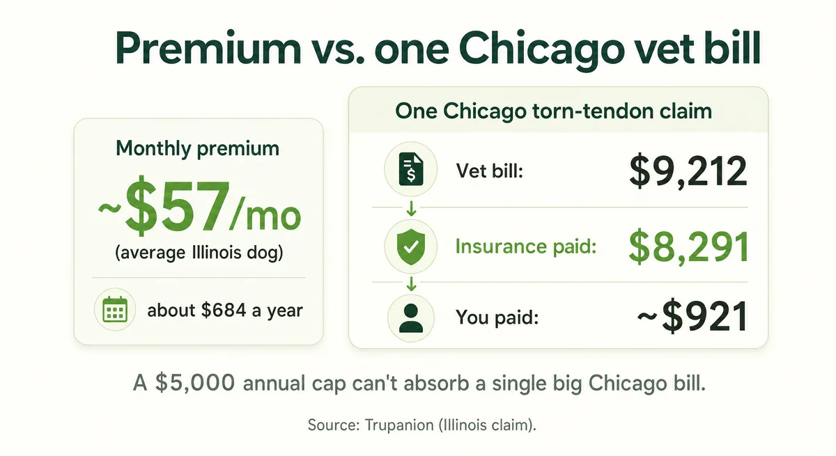 Comparison graphic of a ~$57/month Illinois premium against a $9,212 Chicago torn-tendon vet bill that insurance reimbursed $8,291 of
