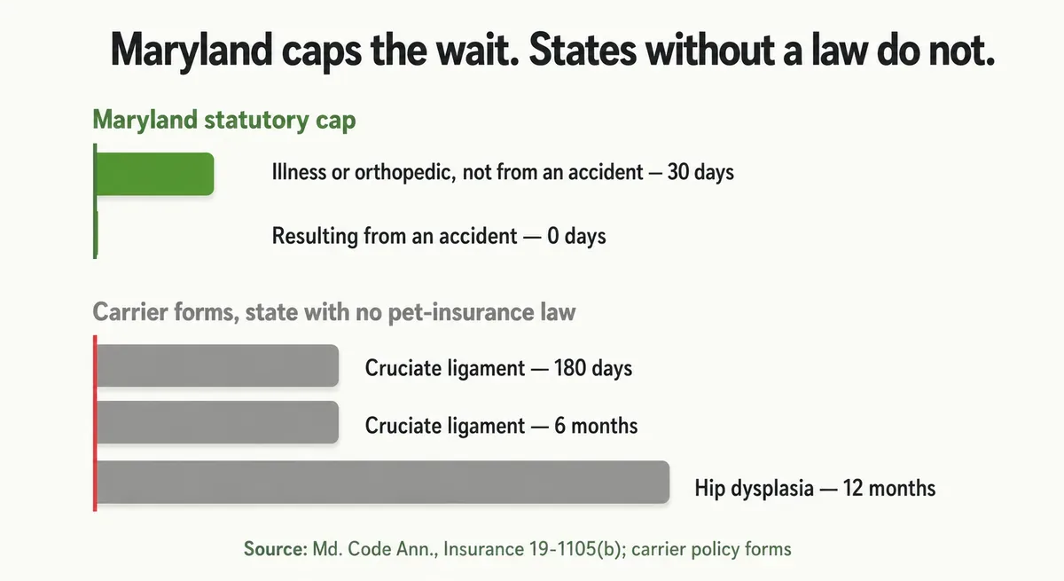 Bar chart comparing Maryland's 30-day statutory waiting-period cap with the longer orthopedic waits carriers impose in states without a pet-insurance law
