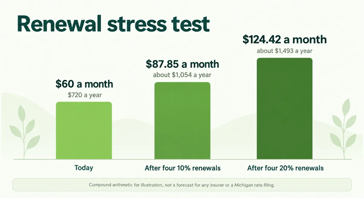 A renewal stress test: a $60 monthly premium reaches $87.85 after four 10% increases and $124.42 after four 20% increases — arithmetic for illustration, not a forecast