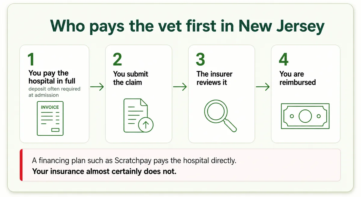 Flow diagram showing that the pet owner pays the New Jersey veterinary hospital first and is reimbursed afterwards