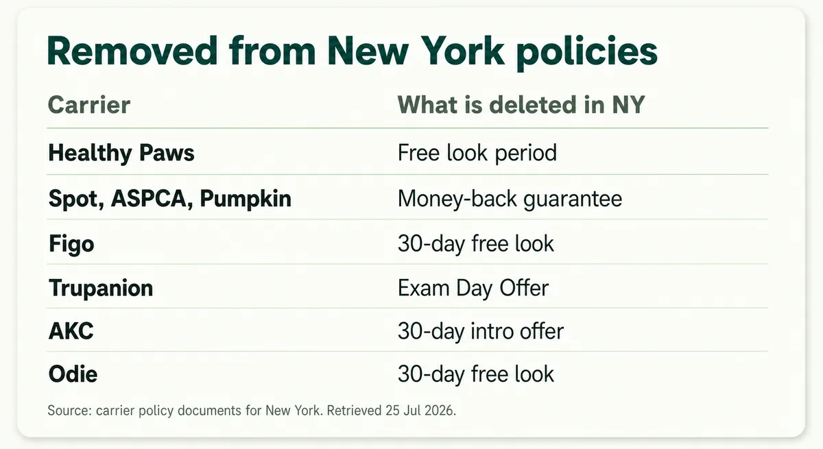 Table of pet insurance provisions that six carriers delete from their New York policies