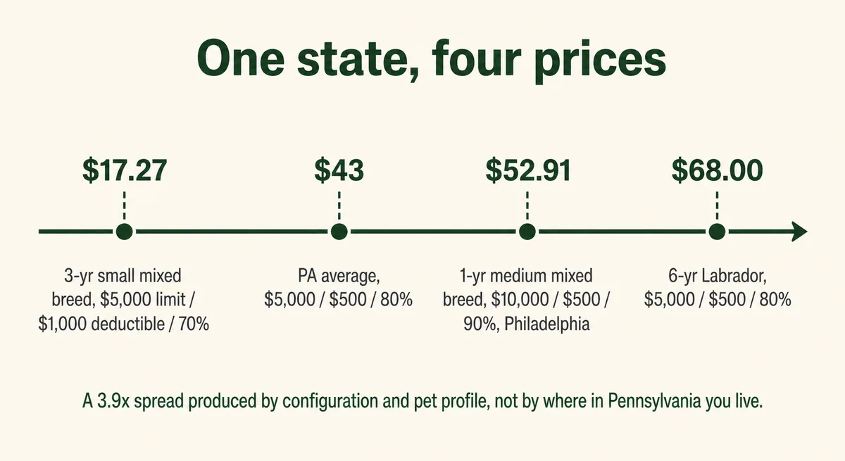 Chart showing how Pennsylvania dog-insurance quotes range from $17.27 to $68.00 a month depending on configuration