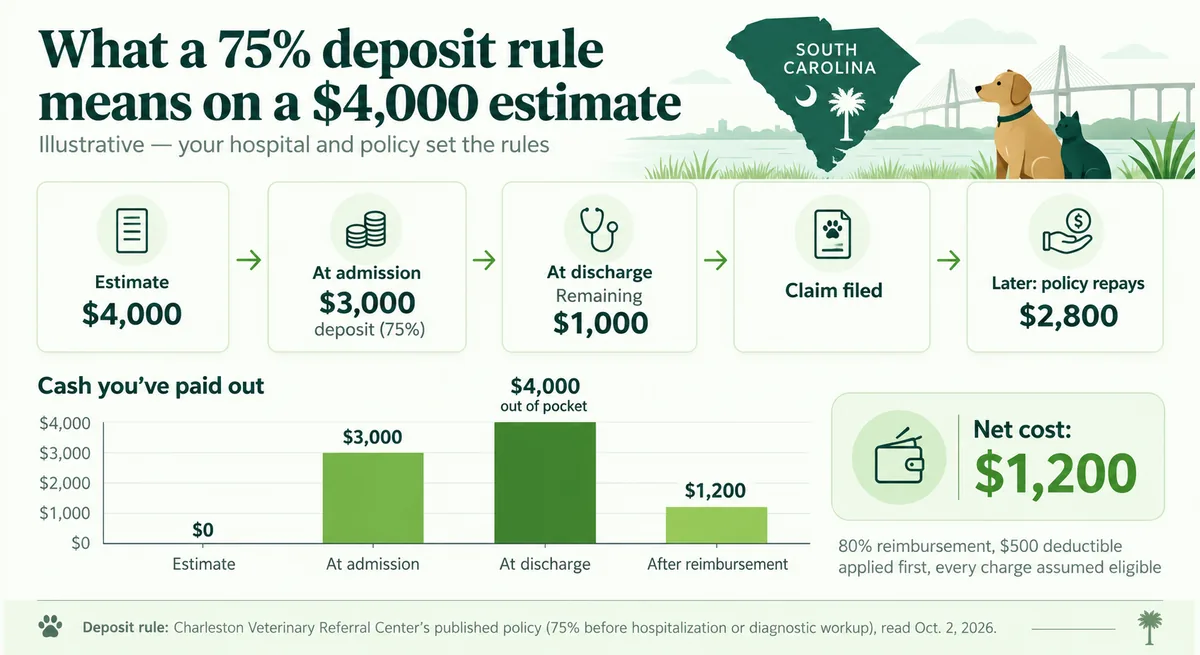 What a 75% deposit rule means on a $4,000 emergency estimate — $3,000 at admission, $1,000 at discharge, and $2,800 back from the policy only after the claim is paid