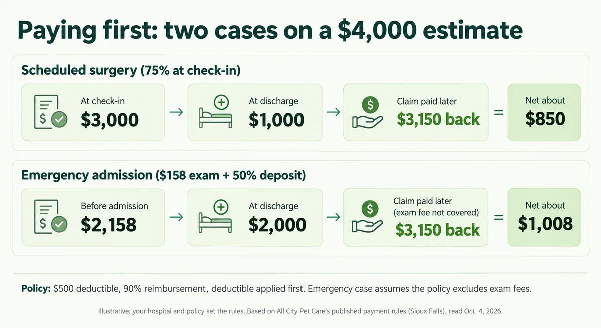 Two illustrative scenarios at a Sioux Falls emergency hospital on a $4,000 estimate — a scheduled surgery needs $3,000 at check-in, an emergency admission $2,158 before admission — with reimbursement arriving only after the claim