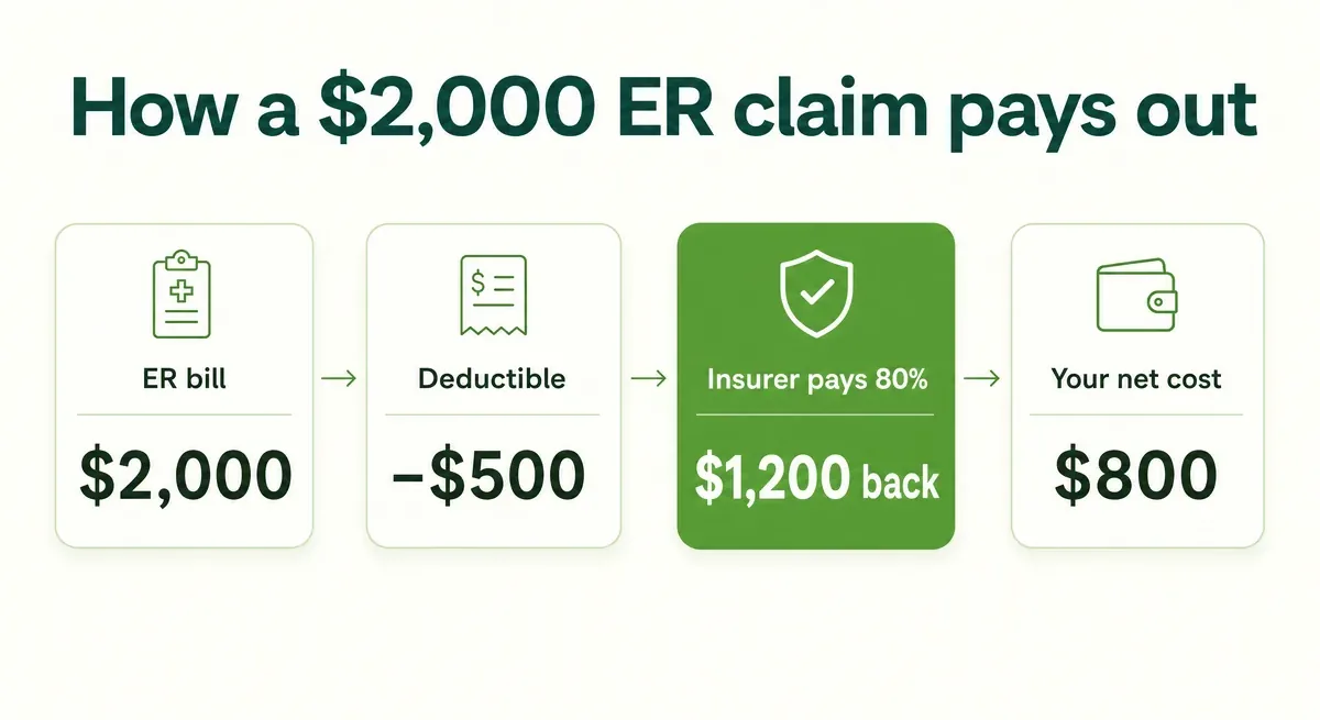 Step-by-step infographic of a Texas pet insurance claim — a $2,000 ER bill minus a $500 deductible leaves $1,500, reimbursed at 80% for $1,200 back, so the owner's net cost is $800